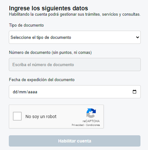 Pantalla de registro nuevos usuarios MUISCA